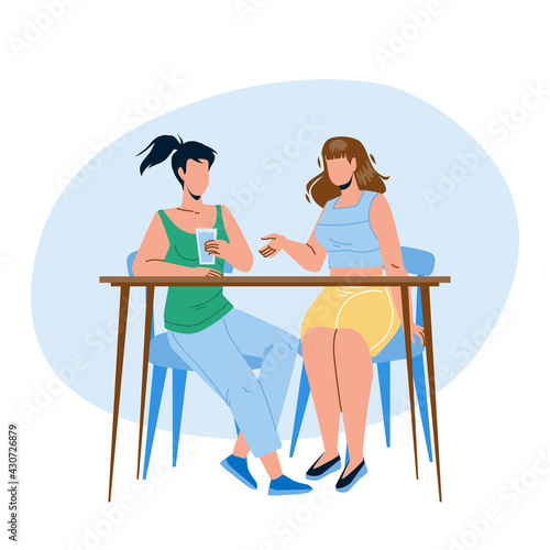 Girls Sitting At Table And Talking Together Vector. Young Women Drink Water And Talking, Gossip Or Business Meeting. Characters Ladies Friendship Or Partnership Flat Cartoon Illustration