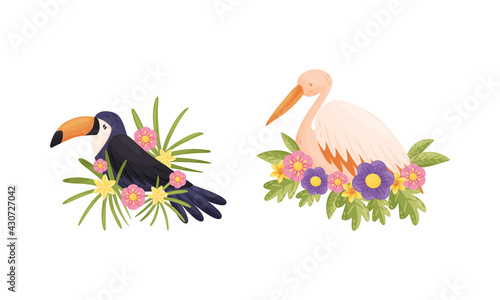 Perching Bird Sitting on Floral Nest with Blossoming Flowers and Leaves Vector Set