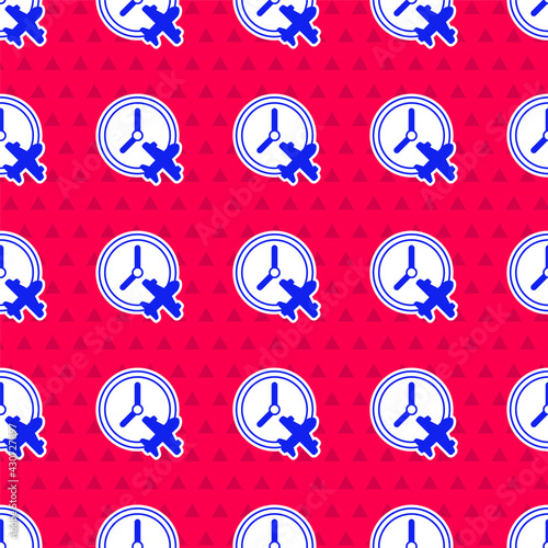 Blue Clock with airplane icon isolated seamless pattern on red background. Designation of time before departure, check-in for flight and arrival time symbol. Vector