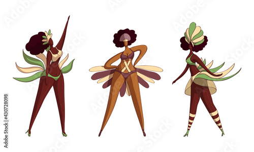 Brazilian Dark Skinned Samba Dancer in Feathered Costume Vector Set