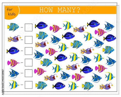 math game for kids, count how many fish there are. Vector isolated on a white background