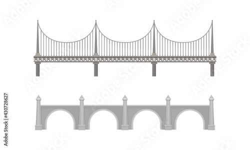 Straight Bridges Made of Metal and Concrete with Baluster Vector Set