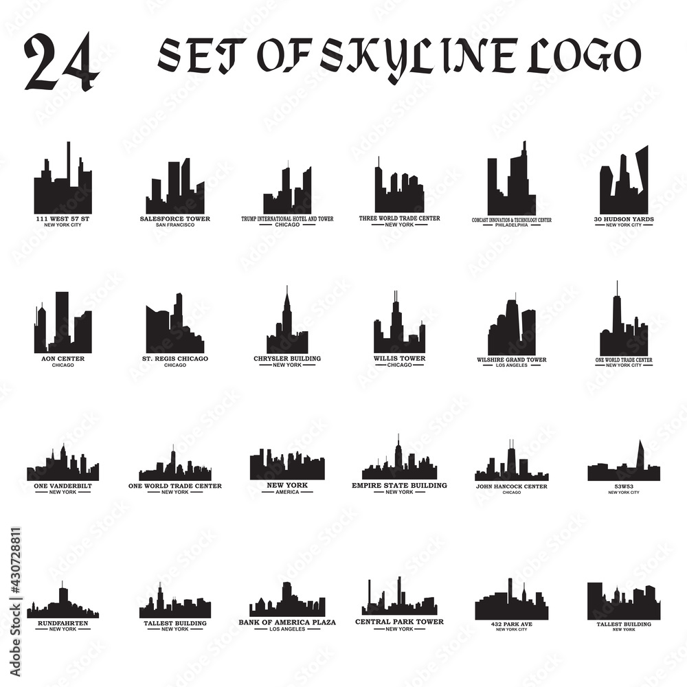 Fototapeta premium Set of skyline silhouette vector , Set of skyscraper silhouette logo