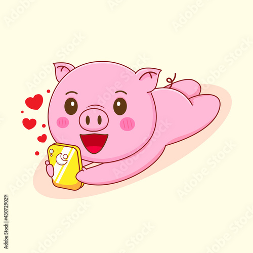 Cute pig character playing with smartphone