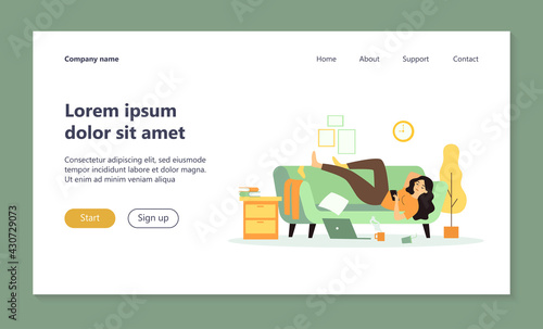 Depressed woman lying on couch in messy room isolated flat vector illustration. Cartoon lazy character resting on sofa at home and surfing internet on smartphone. Apathy and indifference concept
