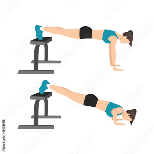 Woman doing decline push ups exercise flat vector illustration isolated on white background
