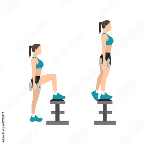 Woman doing dumbbell step ups exercise flat vector illustration isolated on white background