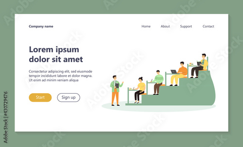 College students sitting in class room and writing or typing flat vector illustration. Cartoon teacher reading lecture for pupils. Side view. University education and high school lesson concept