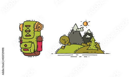 Camping and Expedition Equipment with Backpack and Nature View Vector Set