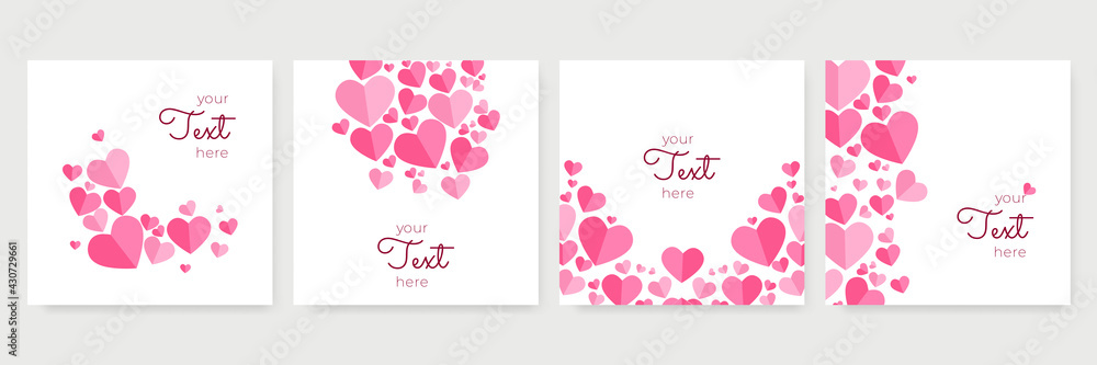 Red, pink and white flying hearts isolated on transparent background with clouds. Vector illustration. Paper cut decorations for Valentine's day border or frame design