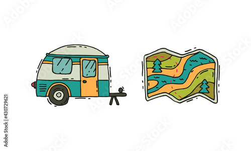 Camping and Expedition Equipment with Camper Van and Map Vector Set