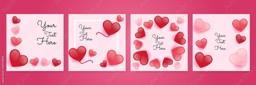 Valentine's day concept background with square for social media post and stories. Vector illustration. 3d red and pink paper hearts with white square frame. Cute love sale banner or greeting card
