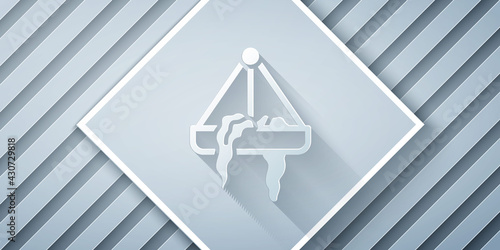 Paper cut Plant in hanging pot icon isolated on grey background. Decorative macrame handmade hangers for flower pot, hang indoor plants. Paper art style. Vector