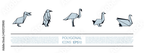 Polygonal Birds Linear Icons Set. Low poly waterfowl bird icon for banner such as pelican, penguin, flamingo and swan.