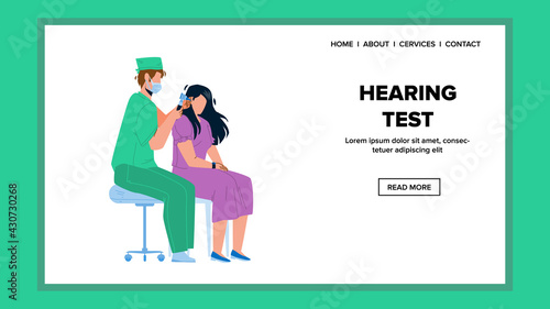 Hearing Test Patient Make Doctor In Clinic Vector. Audiologist Man Making Medical Hearing Test Young Woman In Hospital Cabinet. Characters Health Check And Consultation Web Flat Cartoon Illustration