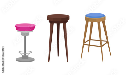 Stool as Backless Chair and Seat Furniture with One and Four Legs Vector Set