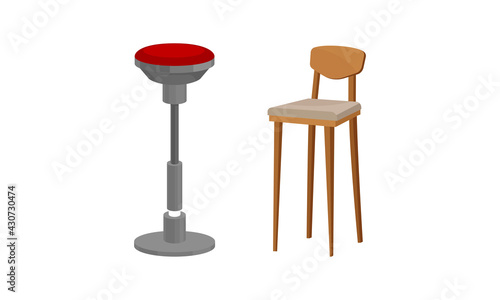 Stool as Backless Chair and Seat Furniture with One and Four Legs Vector Set