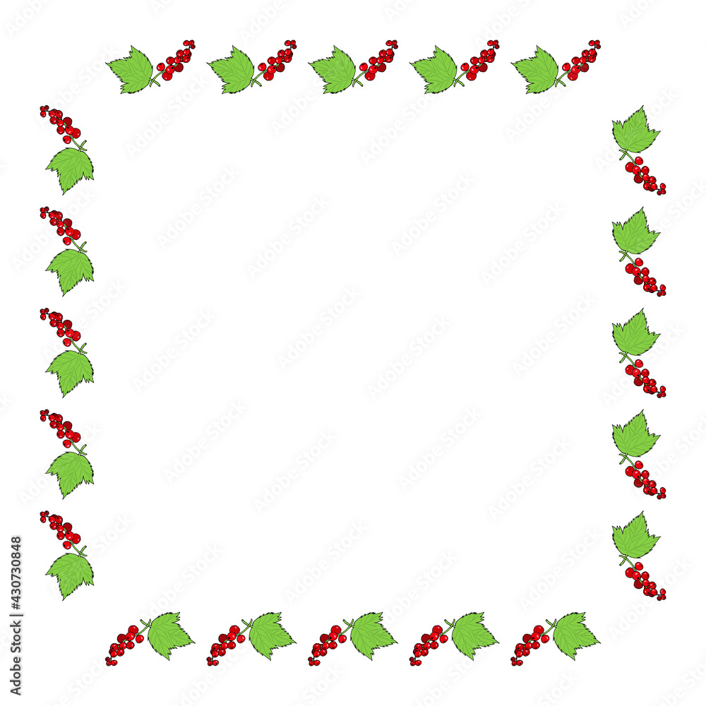 Square frame with red currant and its leaf on white background. Vector image. Square frame with red currant and its leaf on white background. Vector image.
