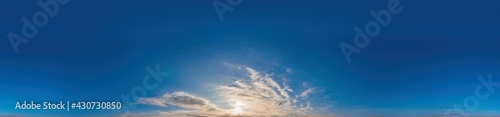 Fototapeta Naklejka Na Ścianę i Meble -  Blue sky panorama with Cirrus clouds in Seamless spherical equirectangular format. Full zenith for use in 3D graphics, game and editing aerial drone 360 degree panoramas for sky replacement.