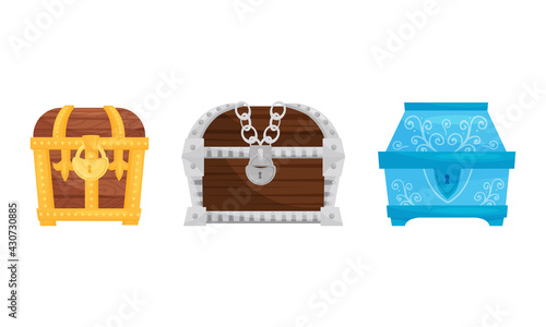 Treasure Chest with Padlock and Metal Band Vector Set