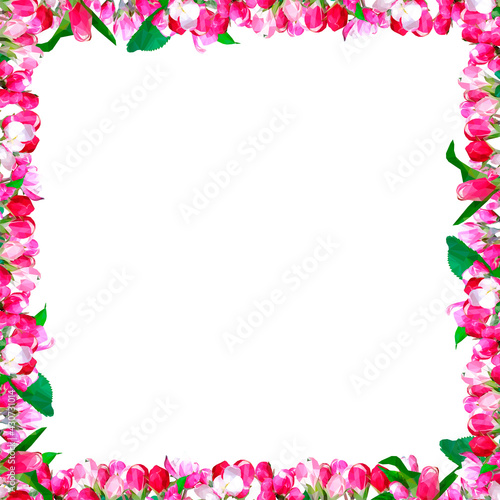 Vector floral frame with green leaves and delicate spring pink flowers isolated on white background. Design elements in triangular low poly style.