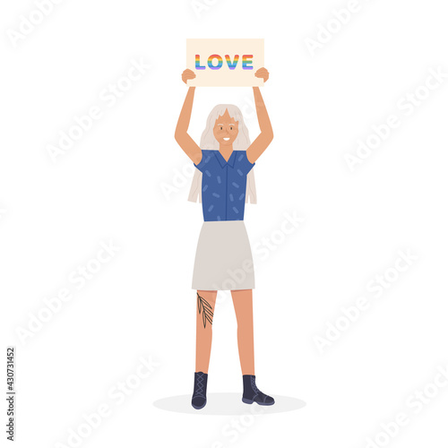 A lesbian with long hair in skirt and tattoo on leg at pride parade holding placard with word Love in rainbow color. Girl at demonstration for equal rights. LGTB activist. Vector character on white.