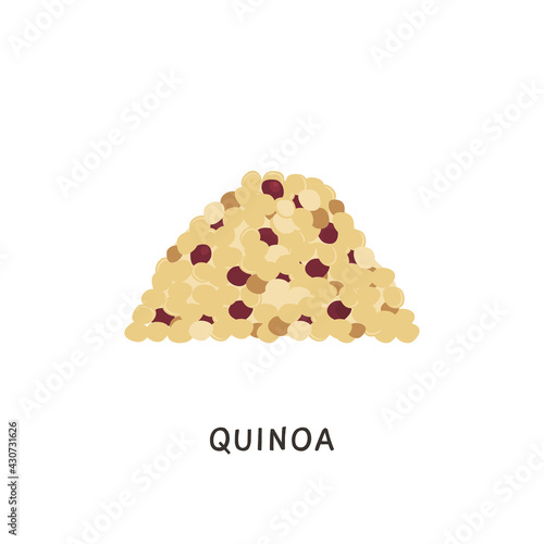 Pile of mixed raw quinoa seeds. Tricolor Gluten free grain vegan protein food. Organic superfood product for healthy nutrition on white background. Vector illustration in flat cartoon style.