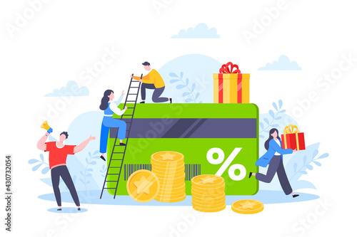 Get loyalty card and customer service business concept flat design vector illustration. Earn loyalty program points and get online reward and gifts. Tiny people with big card and gift box.