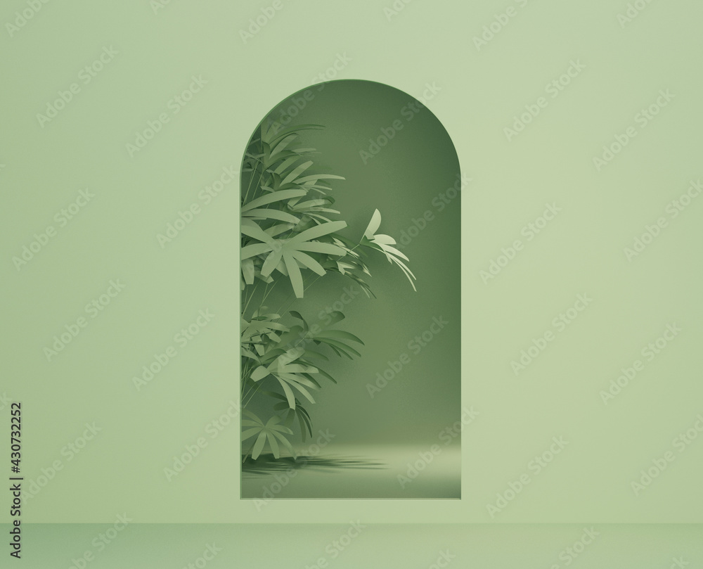 custom made wallpaper toronto digitalMinimal fashion background arch tunnel corridor portal perspective pastel colors and tropical palms, leaves. Trendy 3d render for social media banners, promotion, cosmetic or product