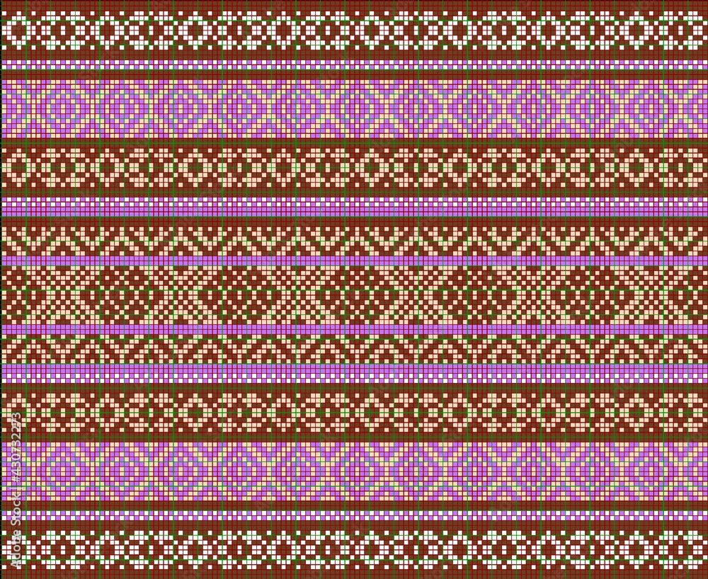 Geometric color repeating pattern for use in knitting and embroidery