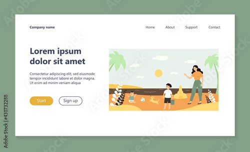 Mother and children playing on sea beach. Sand, toy, baby flat vector illustration. Summer activity and lifestyle concept for banner, website design or landing web page