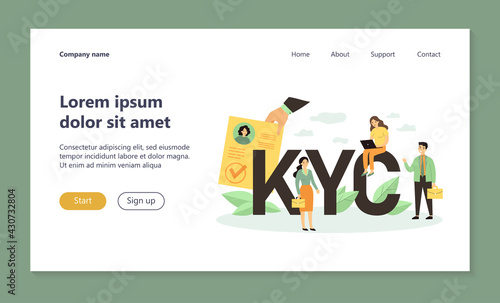 Tiny people studying risks and process guidelines for clients flat vector illustration. Idea of business identification and finance safety. KYC and know your customer concept