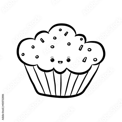 Cute kawaii simple doodle muffin isolated on white background. Kawaii sweets. Great design for any purposes. Vector illustration.