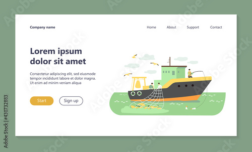 Fishermen sailing boat in sea and fishing with rod and net. Vector illustration for fisher job, fishermen ship, commercial fishing concept