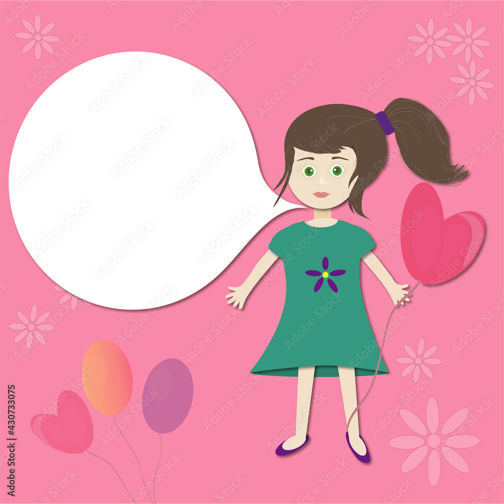 Girl with balloons. Greeting card for mother's day or invitation to a birthday or a party