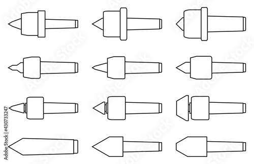 Set of lathe center icons. Work tools. Vector thin line
