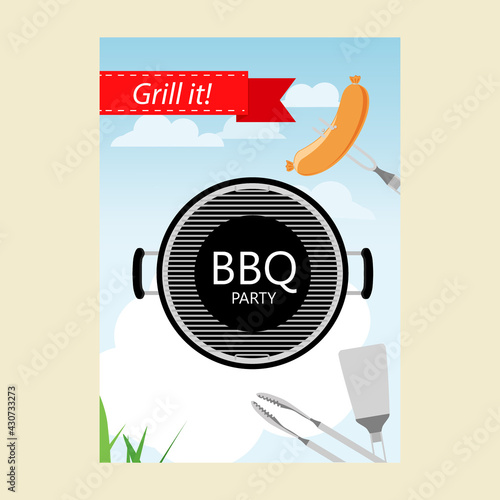 Bbq party invitation with grill and food.