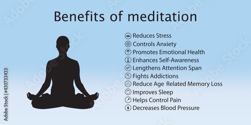 Meditation health benefits for body, mind and emotions, vector infographic with icons set