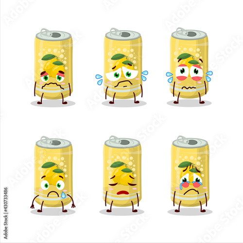 Lemon soda can cartoon character with sad expression