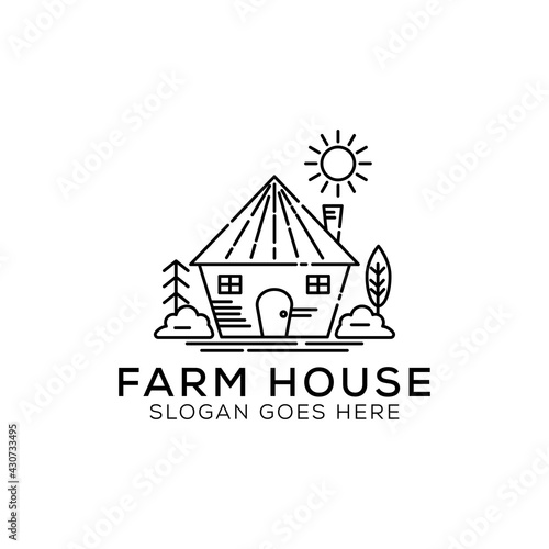 Farm House logo design illustration. Landscape vector for nature farm products. outline icon Vector illustration.