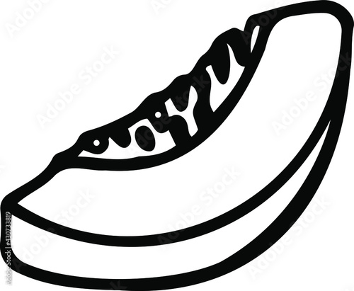 A piece of melon drawn by hand. Vector black and white illustration. Isolated object on a white background. Healthy food, vegetarian food.