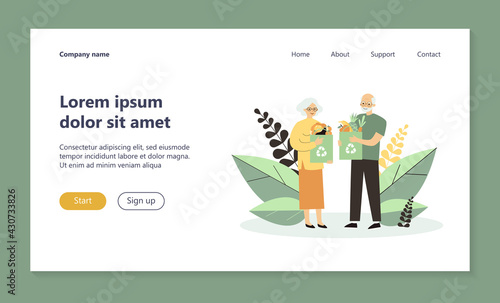 Senior couple shopping with reusable bags. Old people with paper bags with organic food flat vector illustration. Healthy eating, waste recycling concept for banner, website design or landing web page