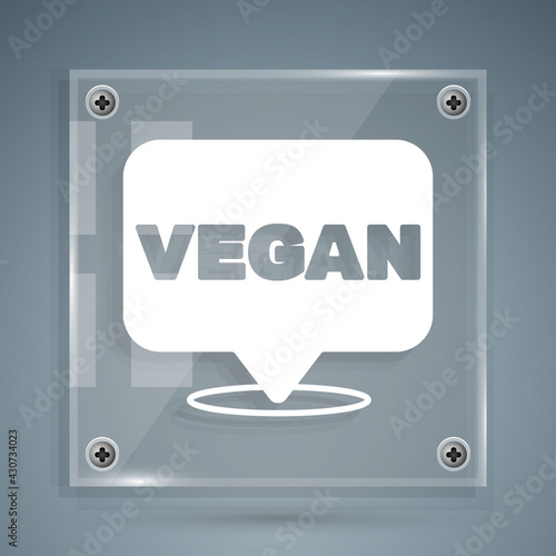 White Vegan food diet icon isolated White background. Organic, bio, eco symbol. Vegan, no meat, lactose free, healthy, fresh and nonviolent food. Square glass panels. Vector