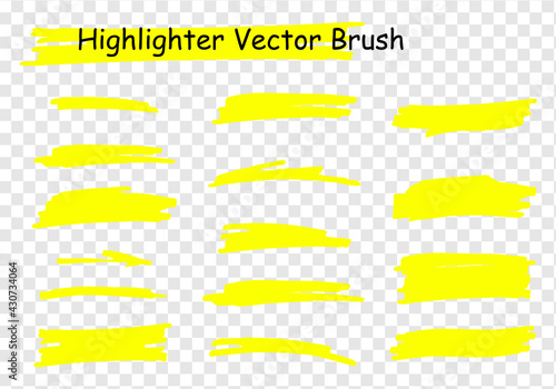 Vector highlighter brush set. Hand drawn yellow highlight marker stripes.