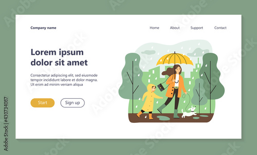 Happy mum walking in raining day with dog and son isolated flat vector illustration. Cartoon mother and child in raincoats with dachshund. Bad weather and downpour concept