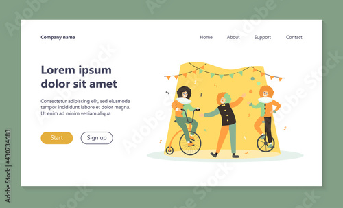 Clowns performing on circus arena, riding bike, juggler balancing on monocycle. Vector illustration for joker, comedy show, performance, fun fair concept