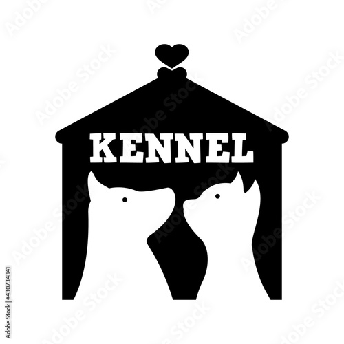 Kennel logo design. Dog, cat and house. Vector clipart and drawing. Black and white isolated illustration.
