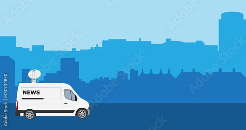 TV News car with equipment on the roof. News car, van city skyline background