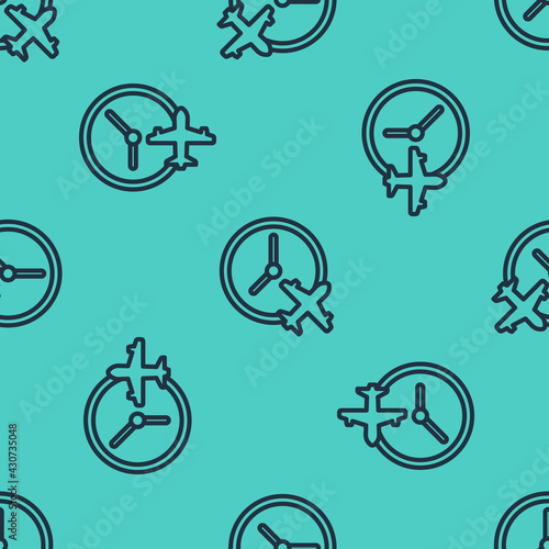 Black line Clock with airplane icon isolated seamless pattern on green background. Designation of time before departure, check-in for flight and arrival time symbol. Vector