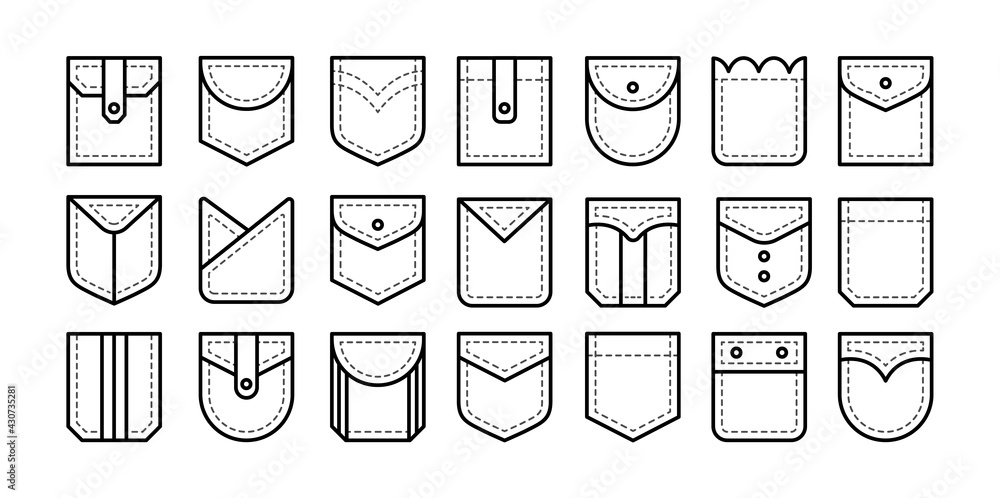 Different types of patch pockets with flap, button and pleat. Men and women  shirt, jean pockets. Casual garment. Line icon set. Vector illustration.  Isolated objects Stock Vector